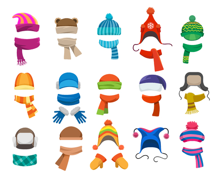 Winter or autumn headwear collection. Vector knitting hats, caps and scarfs for girls and boys for cold weather isolated on white backgroundのイラスト素材