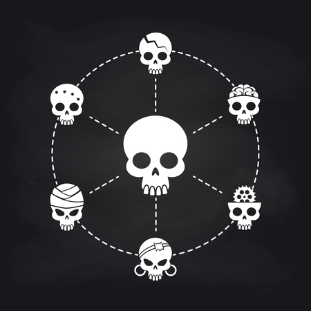 White skull icons concept on chalkboard, vector illustrationのイラスト素材