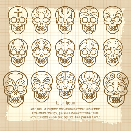 Vintage mexican skull set poster on retro notebook page. Vector illustrationのイラスト素材