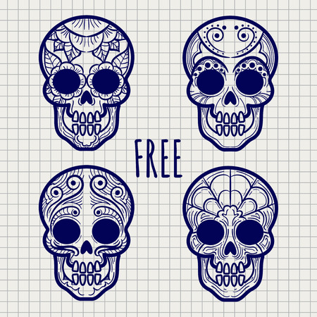 Mexican sugar or calavera skulls on notebook page, vector illustrationのイラスト素材