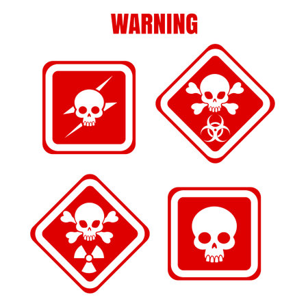 Red and white warning or danger icons with skulls. Vector illustrationのイラスト素材
