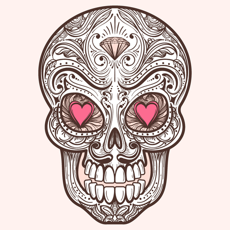 Cute mexican sugar skull with hearts and diamond, vector illustrationのイラスト素材
