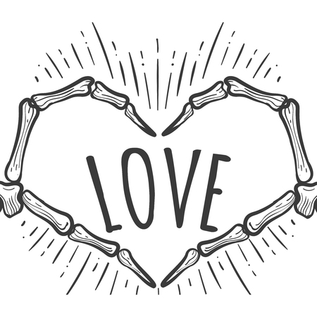 Hand drawn skeleton hand love sign on white background, vector illustrationのイラスト素材