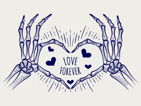 Love forever poster. Vector hand drawn skeleton hands and heartsのイラスト素材