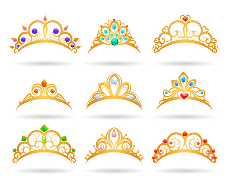 Princess golden tiaras with diamonds isolated on white background. Gold girls crowns vector illustrationのイラスト素材
