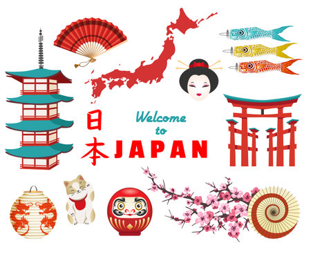 Japanese culture symbols isolated on white background. Vector daruma and lucky cat, map and torii gate signs tourism of Japanのイラスト素材
