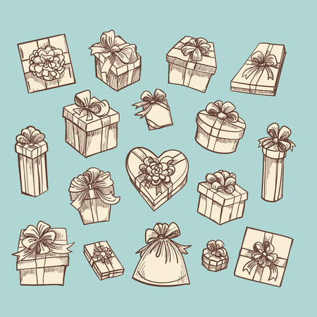 Hand drawn vintage gift boxes collection on green background. Vector illustrationのイラスト素材
