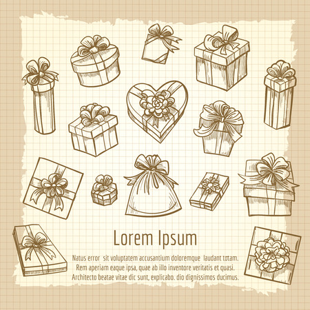 Hand drawn vintage gift boxes collection, vector illustrationのイラスト素材