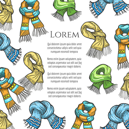Winter poster or banner with colorful hand sketched scarves, vector illustrationのイラスト素材