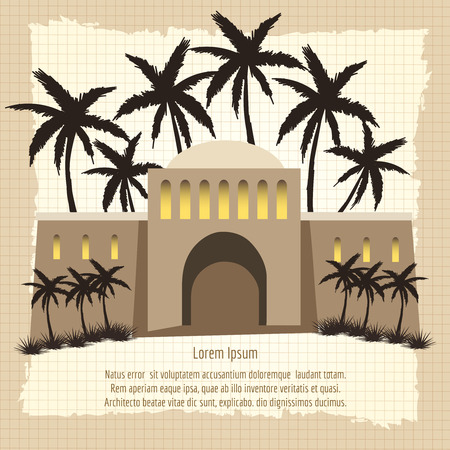 Vintage background with arabian landscape. Vector illustration with castle and palm treeのイラスト素材