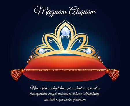 Queen crown on pillow. Vector cute cartoon princess tiara with text for greeting card.のイラスト素材