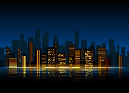 Night city background. Urban town streets skyline. Cityscape vector silhouettes.のイラスト素材