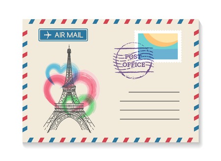Retro Paris postal invitation. Vector vintage old wedding air mail postcard or love letter from France with Eiffel Towerのイラスト素材