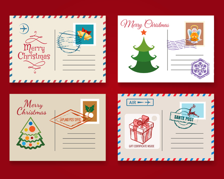 Xmas postcard template set. Vector vintage merry christmas holiday postal cardsのイラスト素材
