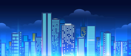 Neon lights modern cityscape horizontal seamless pattern. Futuristic city architecture background with blue lights vector illustrationのイラスト素材