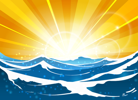 Shiny sun seascape vector illustration. Cartoon sunrise or sunrise at sea for travel posters and summer bannersのイラスト素材