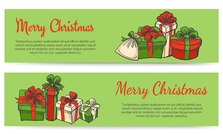 Merry Christmas horizontal banners. Gift boxes. Hand drawn style. Vector illustrationのイラスト素材