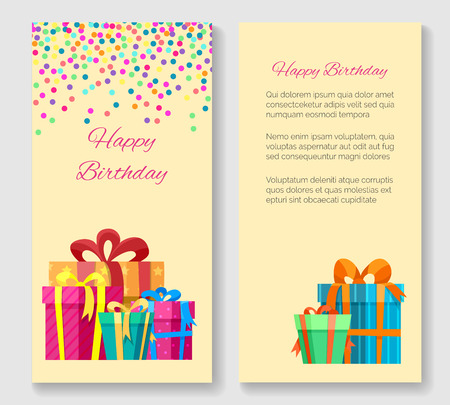 Happy birthday greeting card with gift boxes. Vector illustrationのイラスト素材