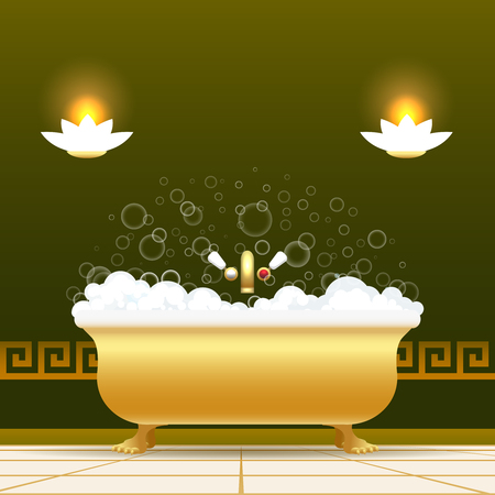 Golden bathtub vector illustration. Bath tub with water and lather soapsuds isolated on green backgroundのイラスト素材