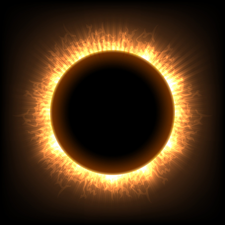 Total full moon solar eclipse vector illustration. Sun lighting ring corona astronomical dark fictionのイラスト素材