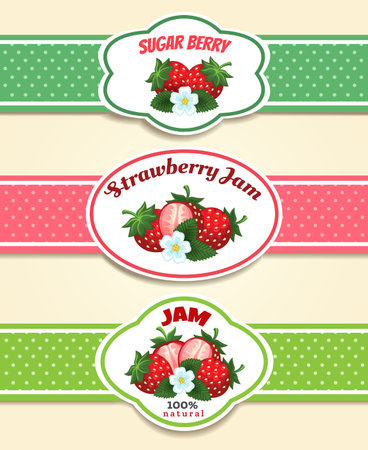 Strawberry fruit label set. Strawberries marmelade or jam retro emblems vector illustrationのイラスト素材