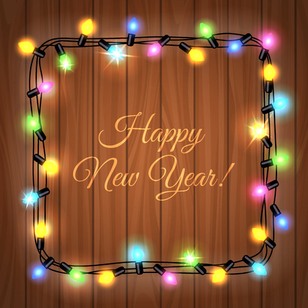 Christmas colorful light garlands on the wood background, vector illustrationのイラスト素材