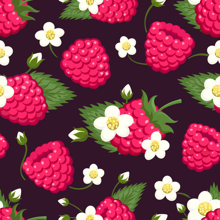 Raspberry seamless pattern. Colored ripe fresh wild berries with leaves and flowers background design for sweets and pastries, vector illustration.のイラスト素材