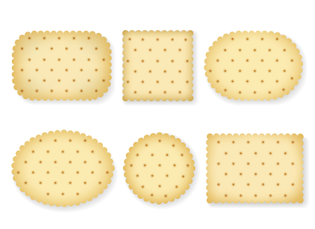 Biscuit crackers isolated on white background. Vector cartoon biscuits cookies of different shapes with cookie cracker texture.のイラスト素材