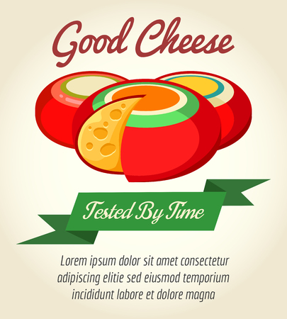 Cheese product retro poster. Dutch cheese like Gauda vintage placard vector illustration.のイラスト素材
