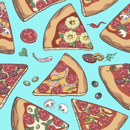 Pizza pattern. Pizza slice seamless background trendy doodle vector illustration for restaurant delicious wrapping paper.のイラスト素材