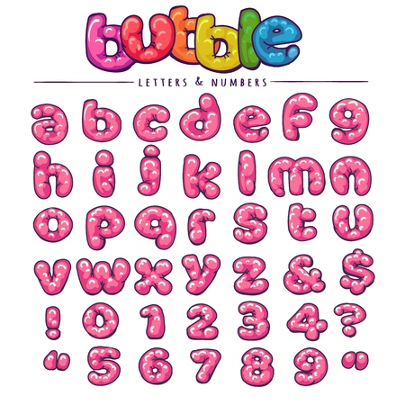 Bubble font. Cartoon bubblegum inflate sweet girly teenagers vector alphabet isolated on white background.のイラスト素材