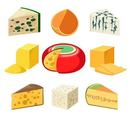 Cheese. cheeses types and slices delicatessen groceries isolated on white, gouda and feta, Parmigiano and cheddar, gorgonzola and roquefort, vector illustration.のイラスト素材