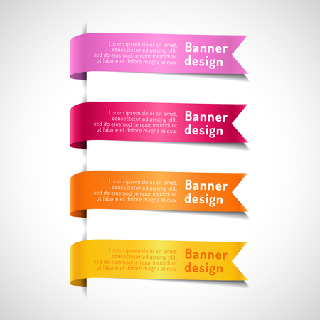 Set of colored decorative arrow ribbons with text. Pink, red, orange, yellow banners, labels and flags vector illustration.のイラスト素材
