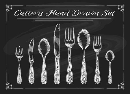 Fork spoon knife on chalkboard. Dinnerware cutlery vintage chalk drawing vector sketchのイラスト素材