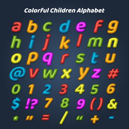 Colorful children alphabet. Cartoon drawing childhood style letters and numbers for kids, vector illustrationのイラスト素材