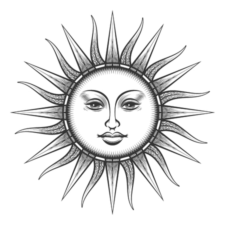 Engraved sun. Antique sun face scratching etching pagan universe symbol vector illustrationのイラスト素材