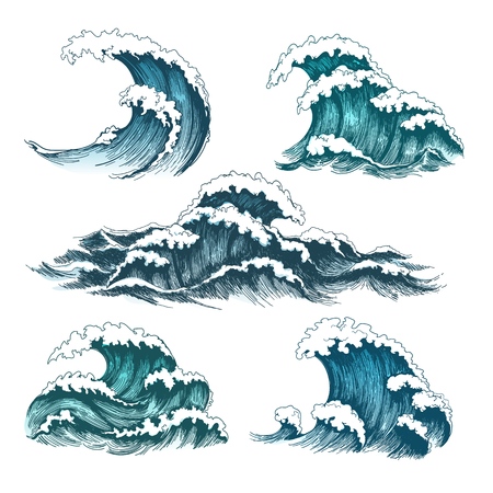 Vintage cartoon ocean tidal waves isolated on white background for surfing and seascape, vector illustrationのイラスト素材