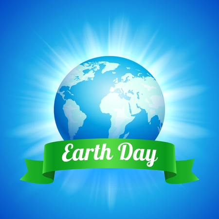 Earth Day. Vector illustration of blue globe planet with green ribbon on the sunburst backgroundのイラスト素材
