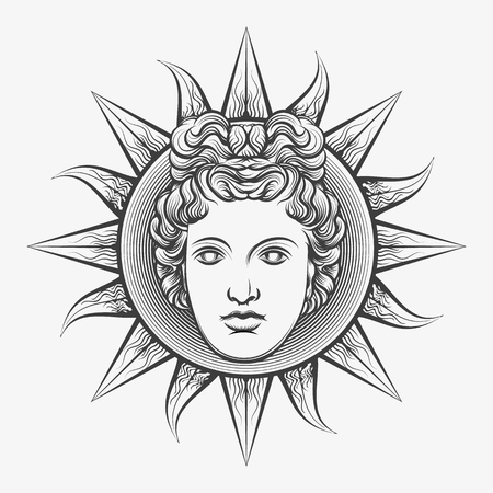 Apollo sun. Antique roman apollo sun face god engraving vector illustration or etching isolated on white backgroundのイラスト素材