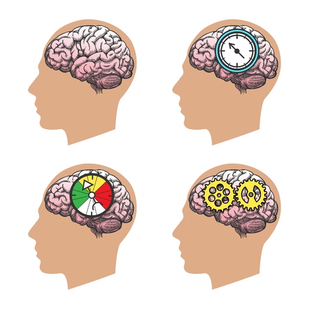 Man head silhouette with brain. Thinking man profile icon, knowledge vector symbolのイラスト素材