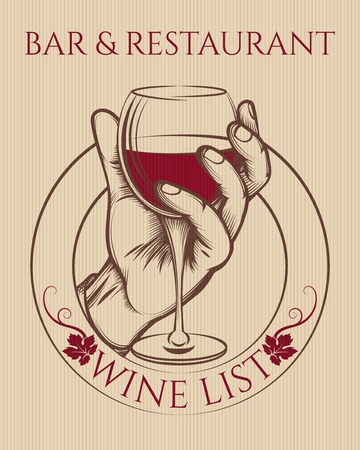 Hand holding wine glass. Male hand with wine drink toast vintage vector illustration bar and restaurant posterのイラスト素材