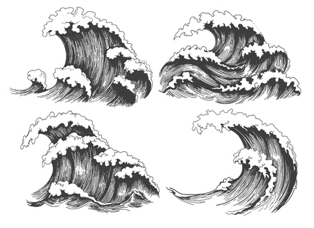 Sea waves sketch. Ocean wave set hand drawn doodle illustration, vector black and white iconsのイラスト素材