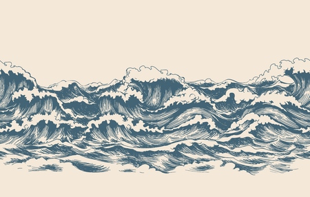 Sea waves sketch pattern. Ocean surf wave hand drawn horizontal seamless pattern vector illustration.のイラスト素材