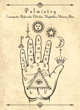 Vintage palmistry. Esoteric occult symbols on hand, palm of prophecy retro vector illustrationのイラスト素材