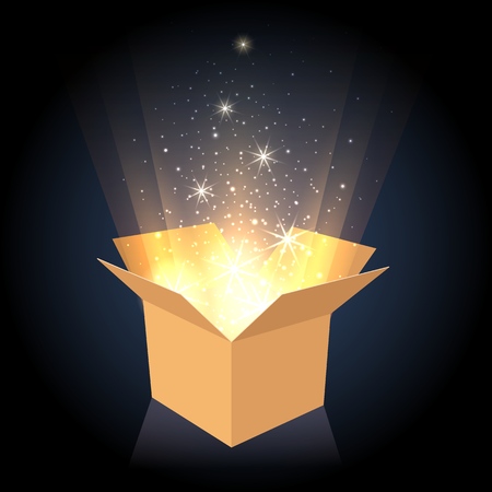 Magic box. Cardboard box with glow lighting inside, opened gift container vector illustrationのイラスト素材