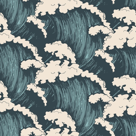 Ocean waves seamless pattern. Sea wave blue background, wind storm surf water hand drawn vector illustrationのイラスト素材