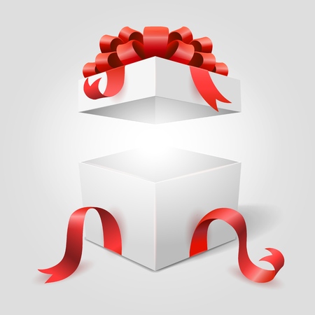Gift box. Open white surprise box with red ribbon for christmas or happy valentine present vector illustrationのイラスト素材