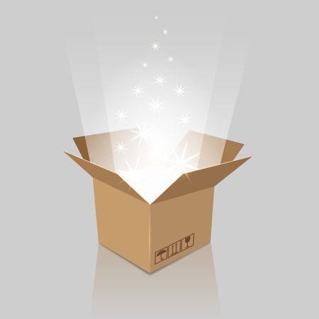 Surprise box. Empty magic opened box with present for birthday, anniversary or holiday party, vector illustrationのイラスト素材