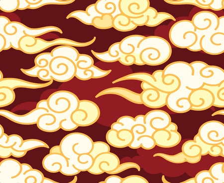 Red clouds pattern. Chinese style cloud seamless pattern, golden swirls backgroundのイラスト素材