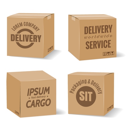 Delivery cardboard boxes. Vector warehouse packaging brown boxes with delivery companyのイラスト素材